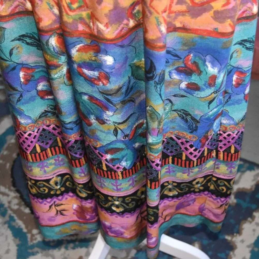 Vintage 90s Casual Corner Boho Scarf Print Midi Skirt High Waist Colorful Large